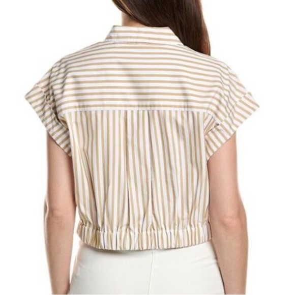 She + Sky Cotton Blend Striped Tan & White Short Sleeve Button-Up Top Cropped - Picture 2 of 9